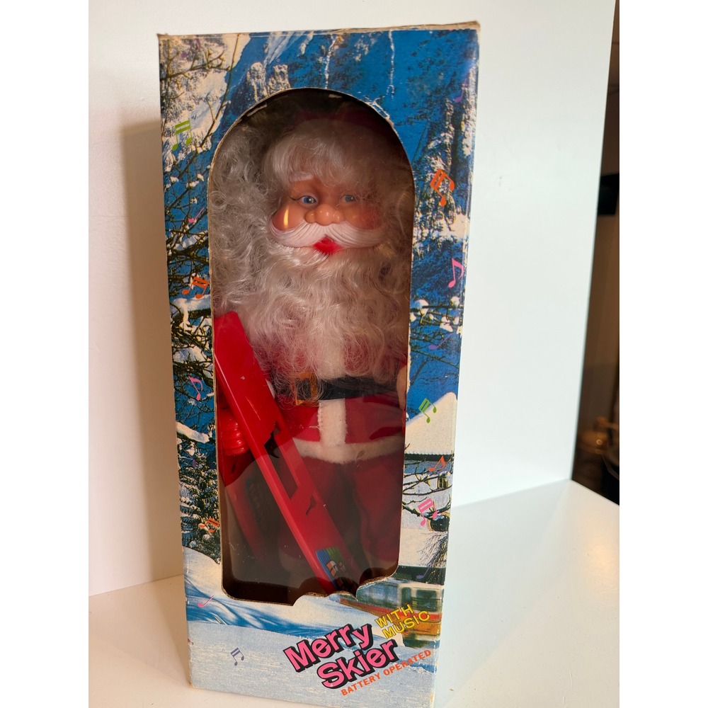 NOS Vintage Merry Skier Santa Animated Battery Operated With‎ Music Original Box